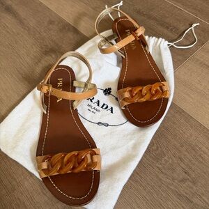 PRADA Leather Nude Sandal 37 Tortoise Shell Style Chain Links Strappy Flat Italy